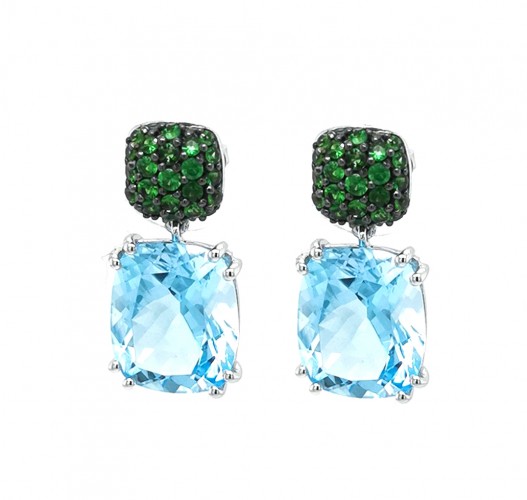 WHITE GOLD EARRINGS WITH TSAVORITES AND BLUE TOPAZ