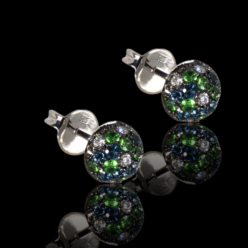 White gold earrings with London topaz, tsavorites and diamonds