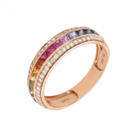 Rozā zelta gredzens ar varavīksnes krāsas safīriem un briljantiem
