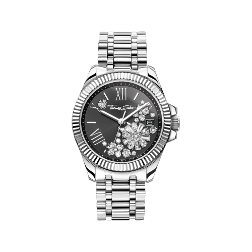 THOMAS SABO Ladies' watch with black dial and white zirconia stones flowers